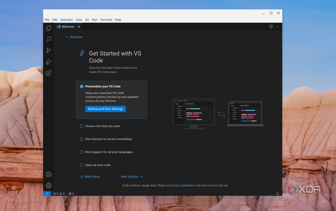 A screenshot of the get started page for Visual Studio Code on ChromeOS showing to personalize the experience