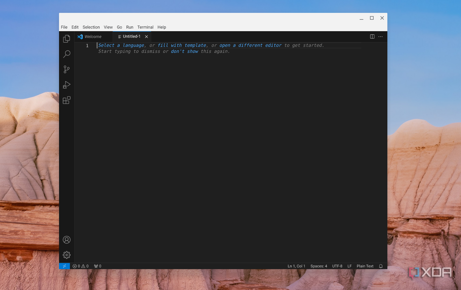 A screenshot of the get started page for Visual Studio Code on ChromeOS showing a sample untiled file with empty commands