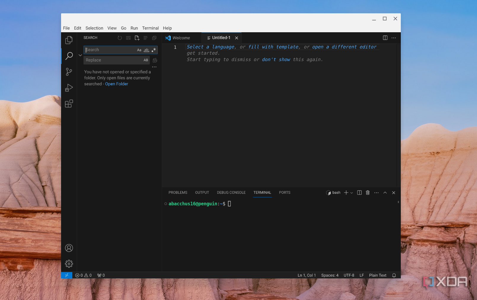 A screenshot of Visual Studio Code on ChromeOS showing the sidebaar search and a sample terminal window open on the background in bash programming language