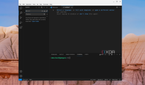 A screenshot of Visual Studio Code on ChromeOS showing the sidebaar search and a sample terminal window open on the background in bash programming language