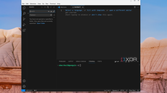 A screenshot of Visual Studio Code on ChromeOS showing the sidebaar search and a sample terminal window open on the background in bash programming language