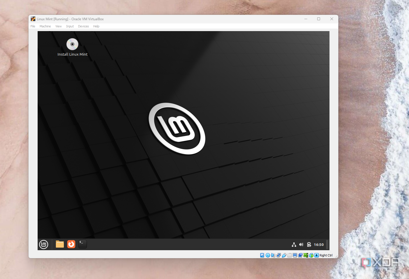 A screenshot of the main Linux Mint desktop showing the Install Linux Mint option