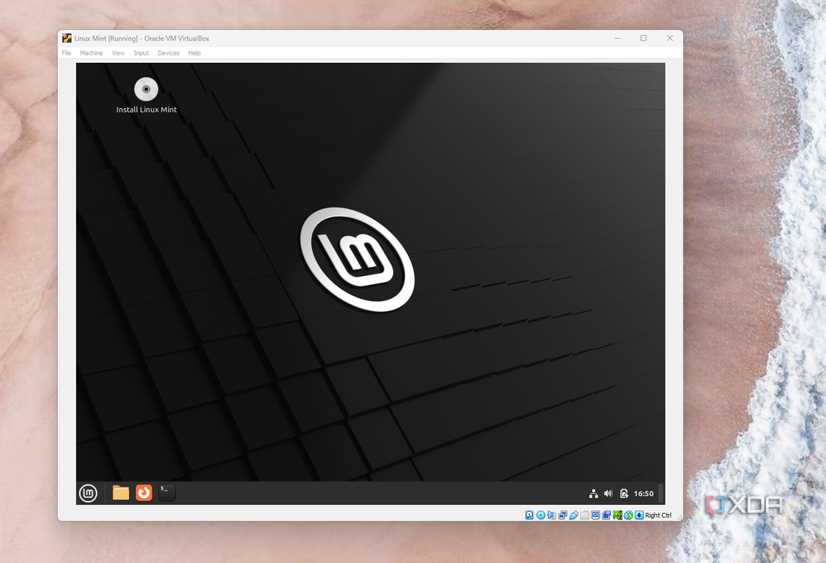 A screenshot of the main Linux Mint desktop showing the Install Linux Mint option