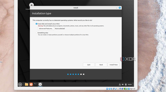 A screenshot of how to install Linux Mint in VirtualBox, with the option to erase the disk