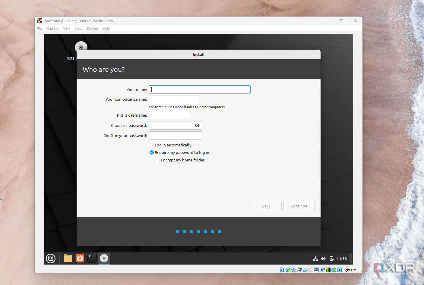 A screenshot of the username and password setup page in Linux Mint