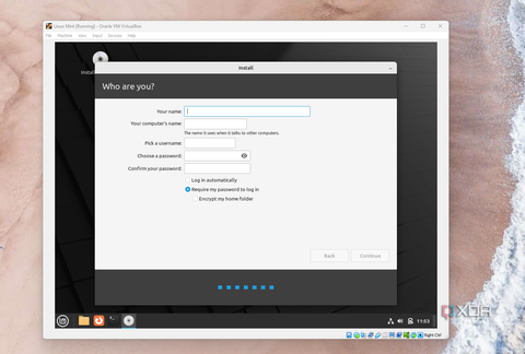 A screenshot of the username and password setup page in Linux Mint