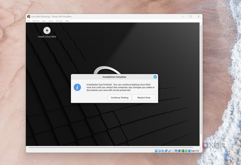 A screenshot of restarting a Linux VirtualBox with Linux Mint