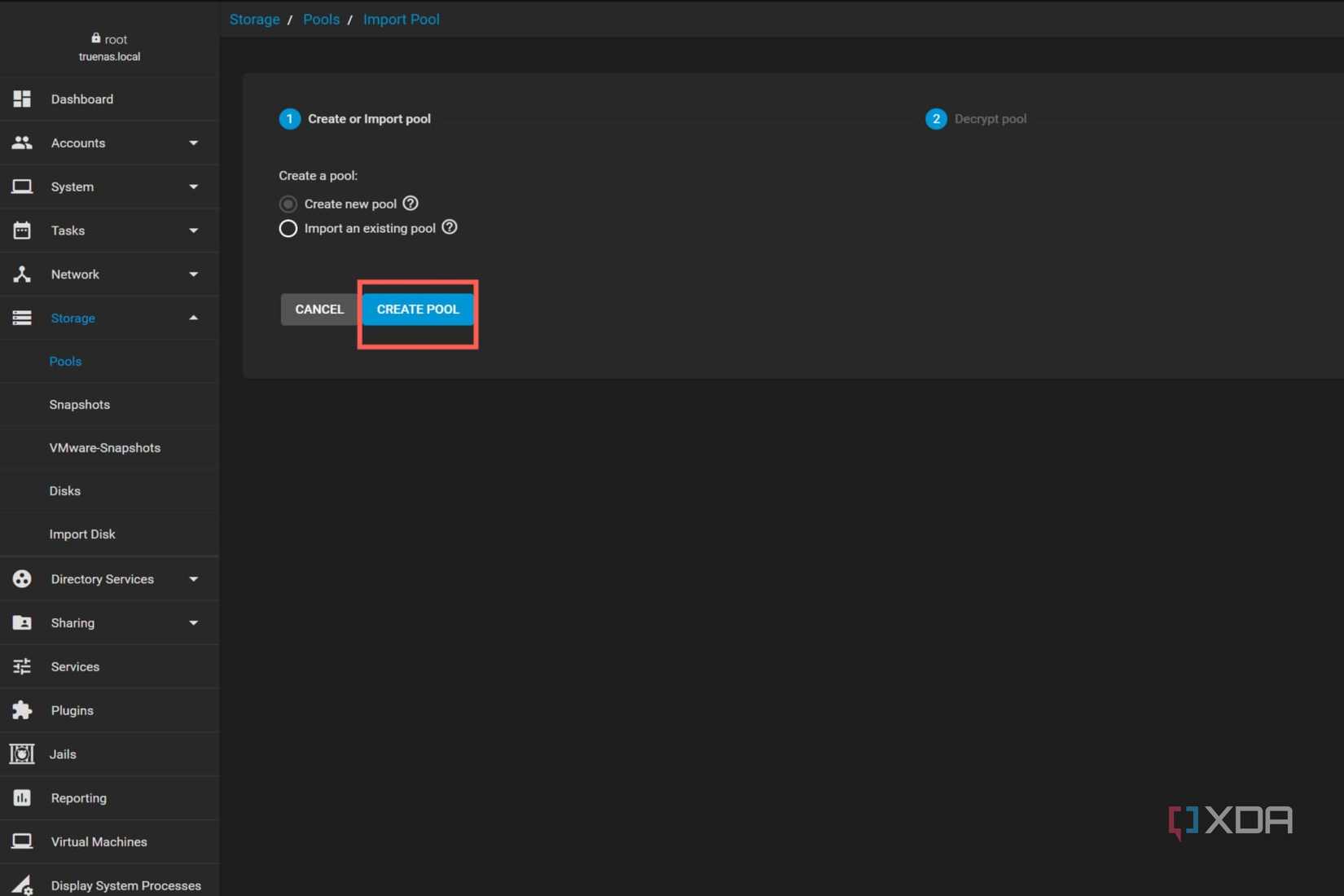 A screenshot of TrueNAS Core with the Create Pool option highlighted