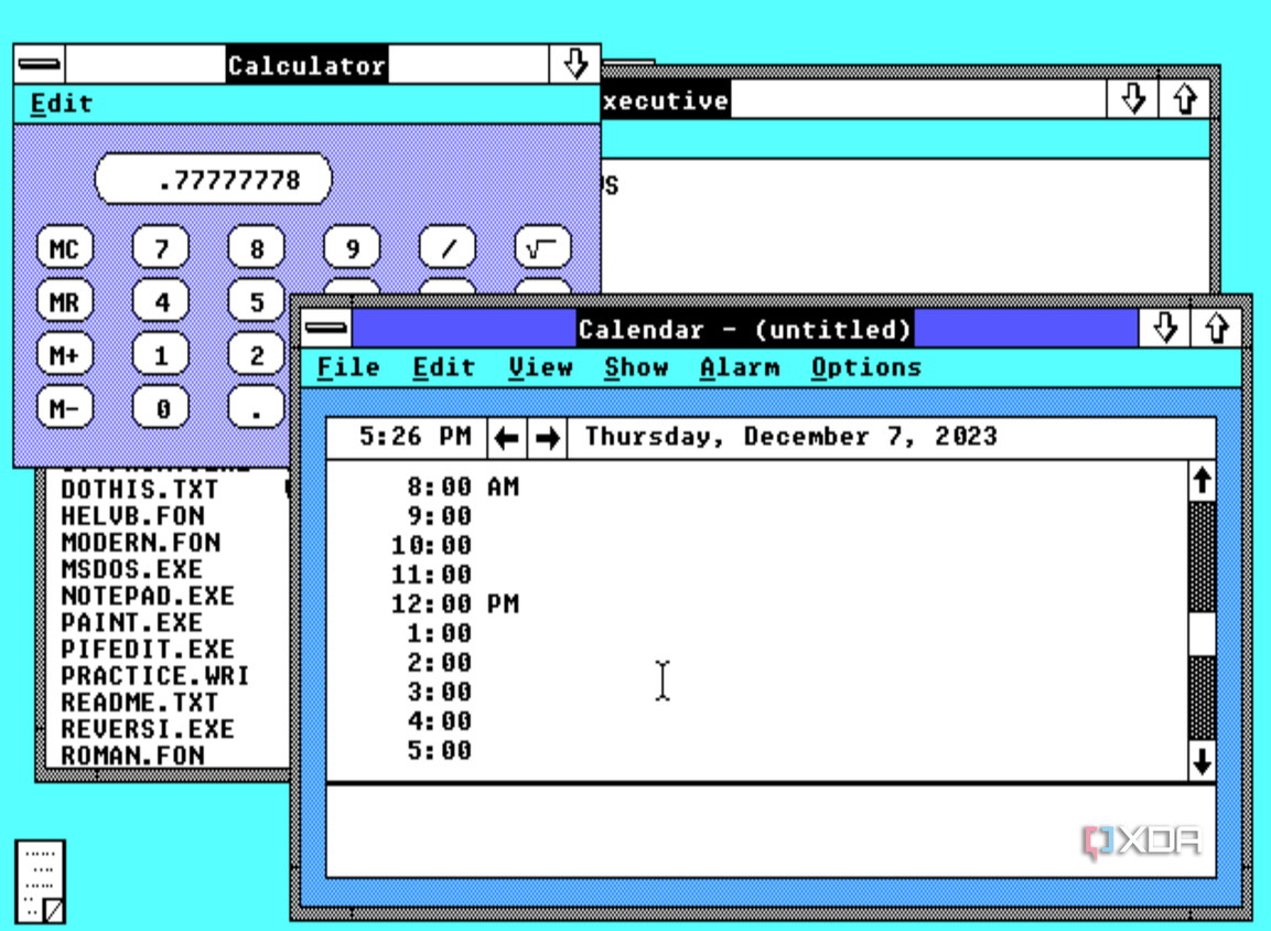 Screenshot of Windows 2.0 displaying apps like Calculator, Calendar, and MS-DOS Executive