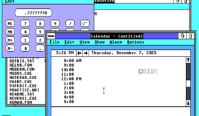 Screenshot of Windows 2.0 displaying apps like Calculator, Calendar, and MS-DOS Executive