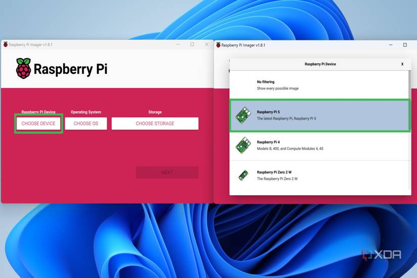 A screenshot of Raspberry Pi Imager highlighting the steps to choose a device
