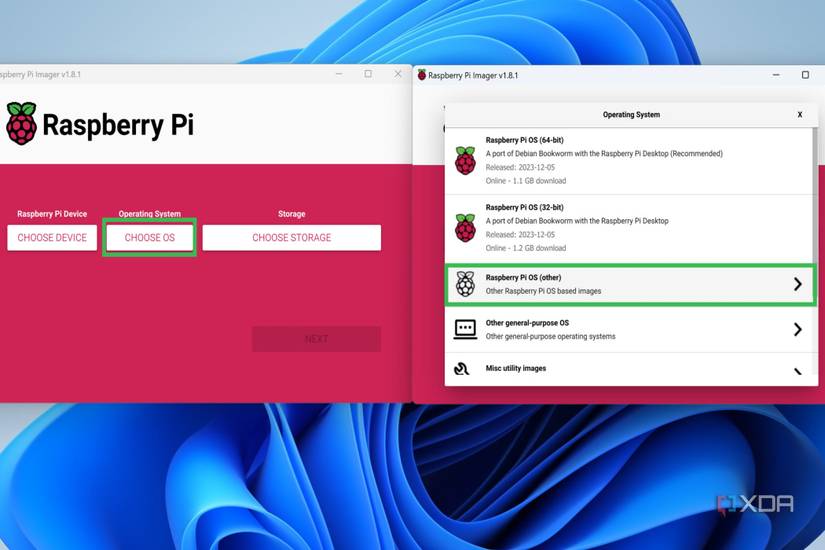 A screenshot of Raspberry Pi Imager highlighting the steps to choose an OS