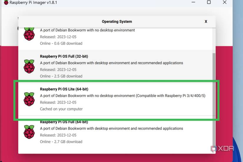 A screenshot of Raspberry Pi Imager highlighting the steps to select the Raspberry Pi OS Lite