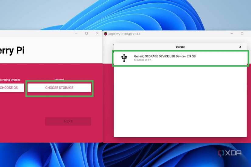 A screenshot of Raspberry Pi Imager highlighting the steps to choose a storage device