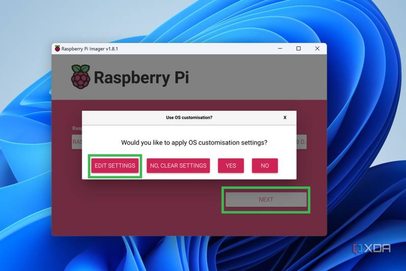 A screenshot of Raspberry Pi Imager highlighting the steps to edit the OS settings
