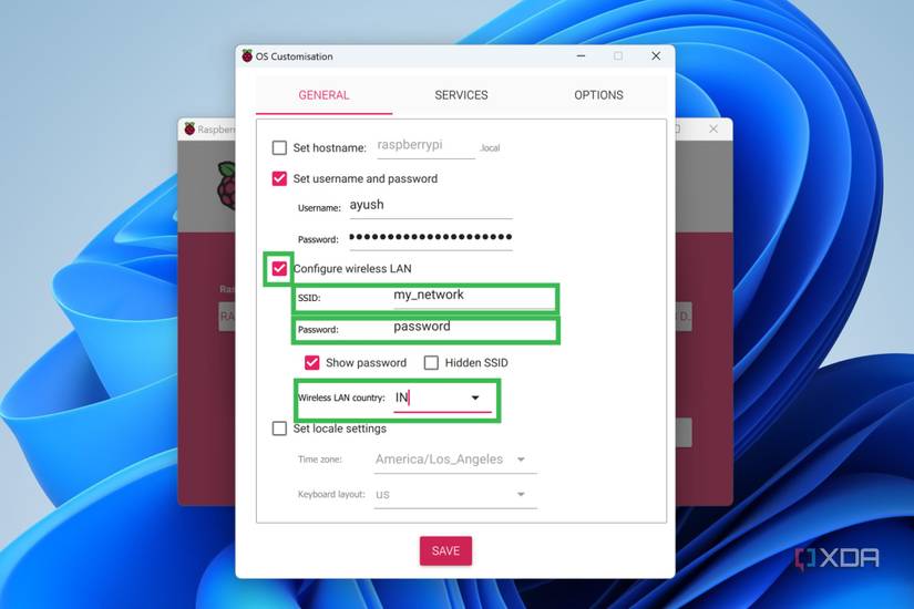 A screenshot of Raspberry Pi Imager highlighting the steps to configure the WLAN settings