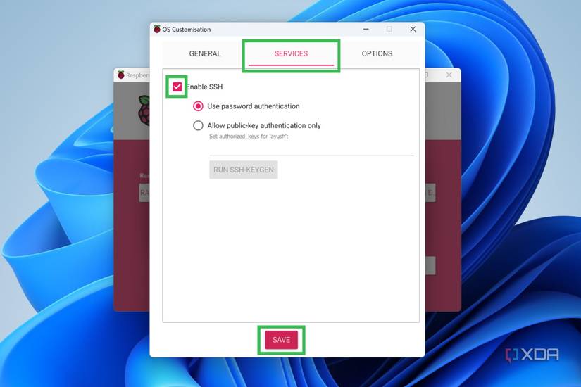 A screenshot of Raspberry Pi Imager highlighting the steps to configure SSH