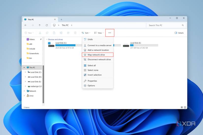 A screenshot of Windows 11 highlighting the steps to map a network drive