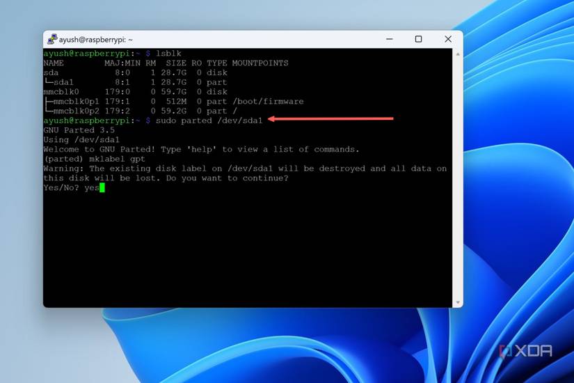 A screenshot of PuTTY highlighting the command to open the Parted interface