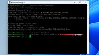 A screenshot of PuTTY with the mount command highlighted