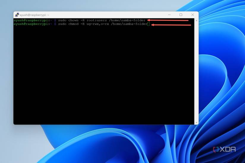 A screenshot of PuTTY highlighting the commands to grant read and write previleges
