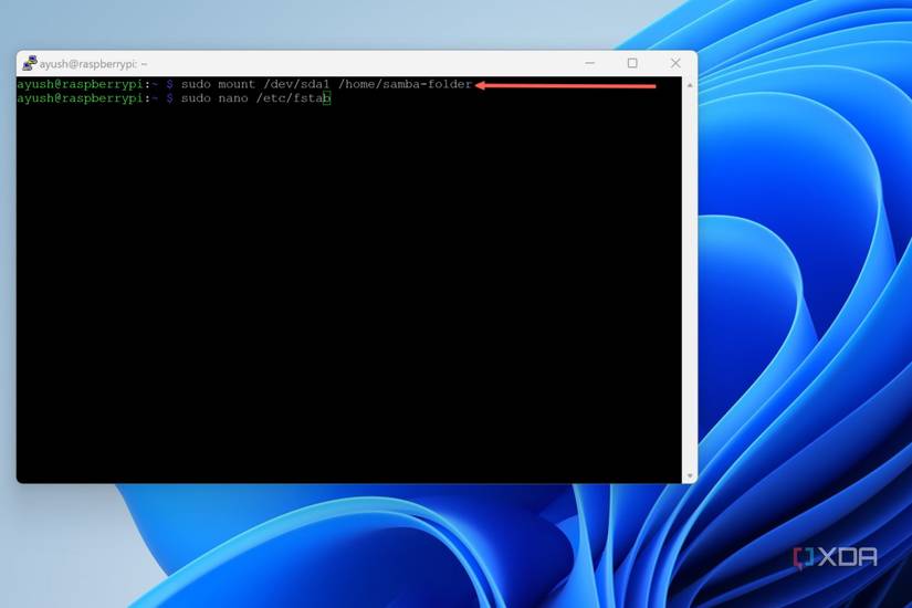 A screenshot of PuTTY highlighting the command to mount a drive to the Samba directory