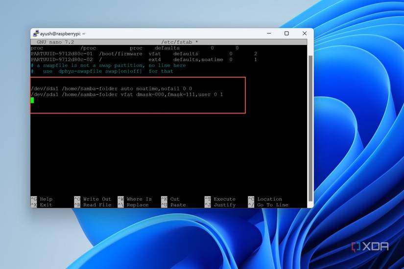 A screenshot of the fstab file