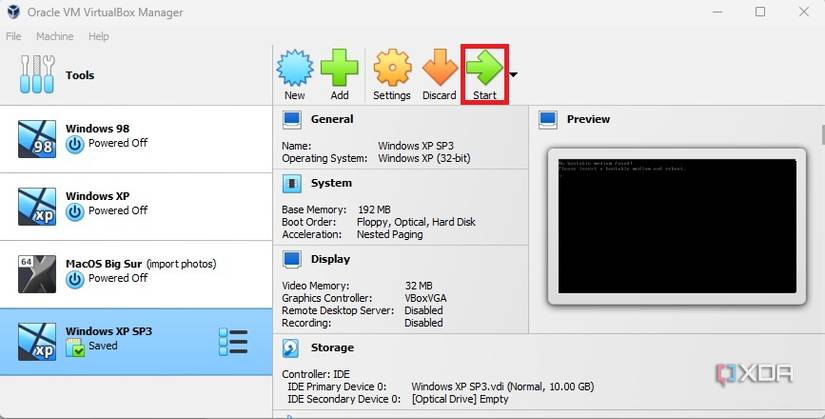 Launch Windows XP in VirtualBox 