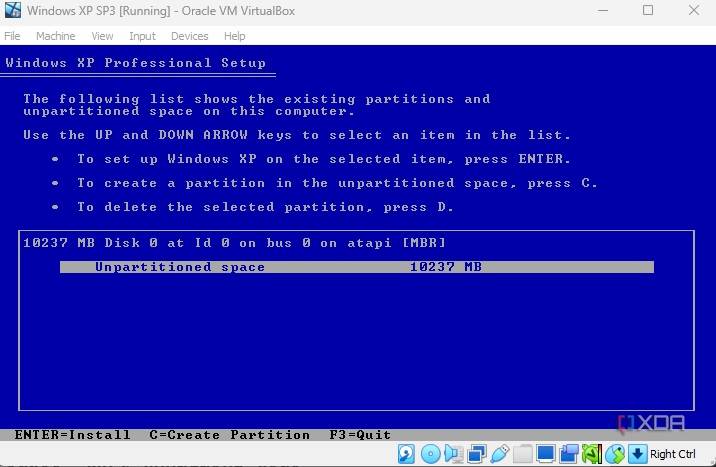 Select the unpartitioned part of the hard drive to install Windows XP