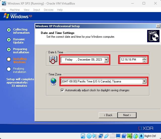 Set the date, time, and timezone in Windows XP setup