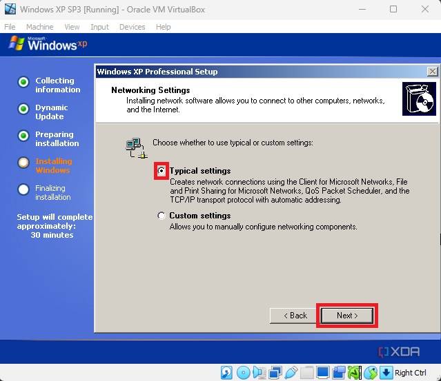 Use typical settings to complete Windows XP setup