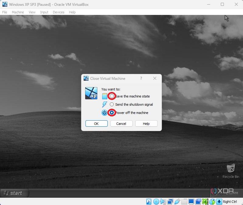 Save or exit virtual machine windows on VirtualBox