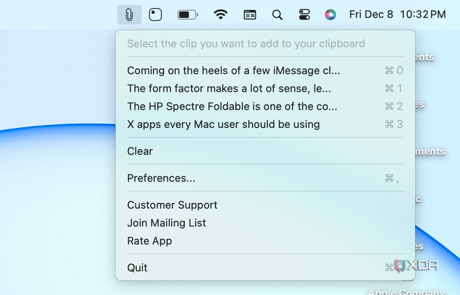 A clipboard history on macOS with CopyClip.