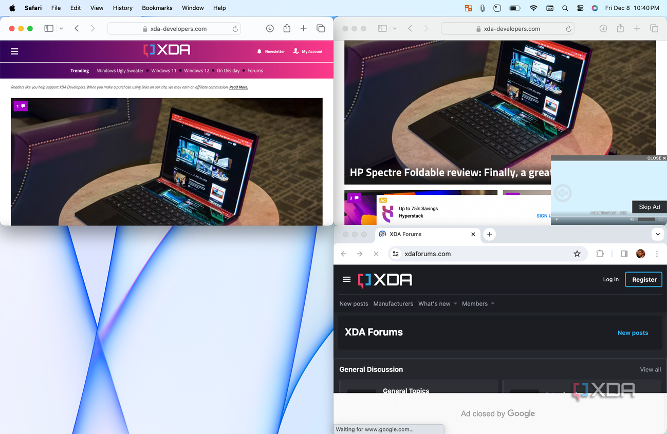 Web browser windows snapped in macOS with BetterSnapTool.