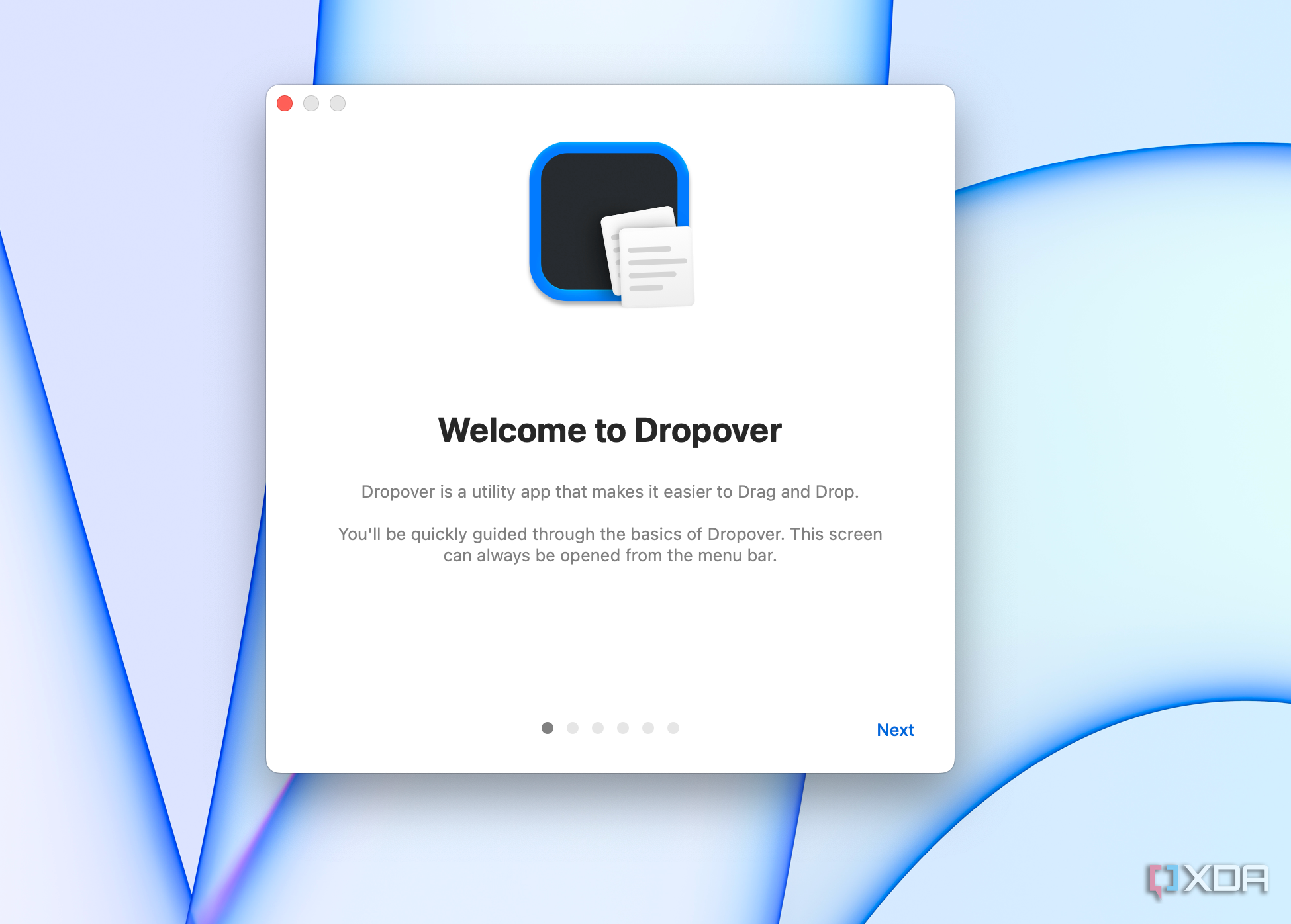 The welcome page on Dropover for Mac. 