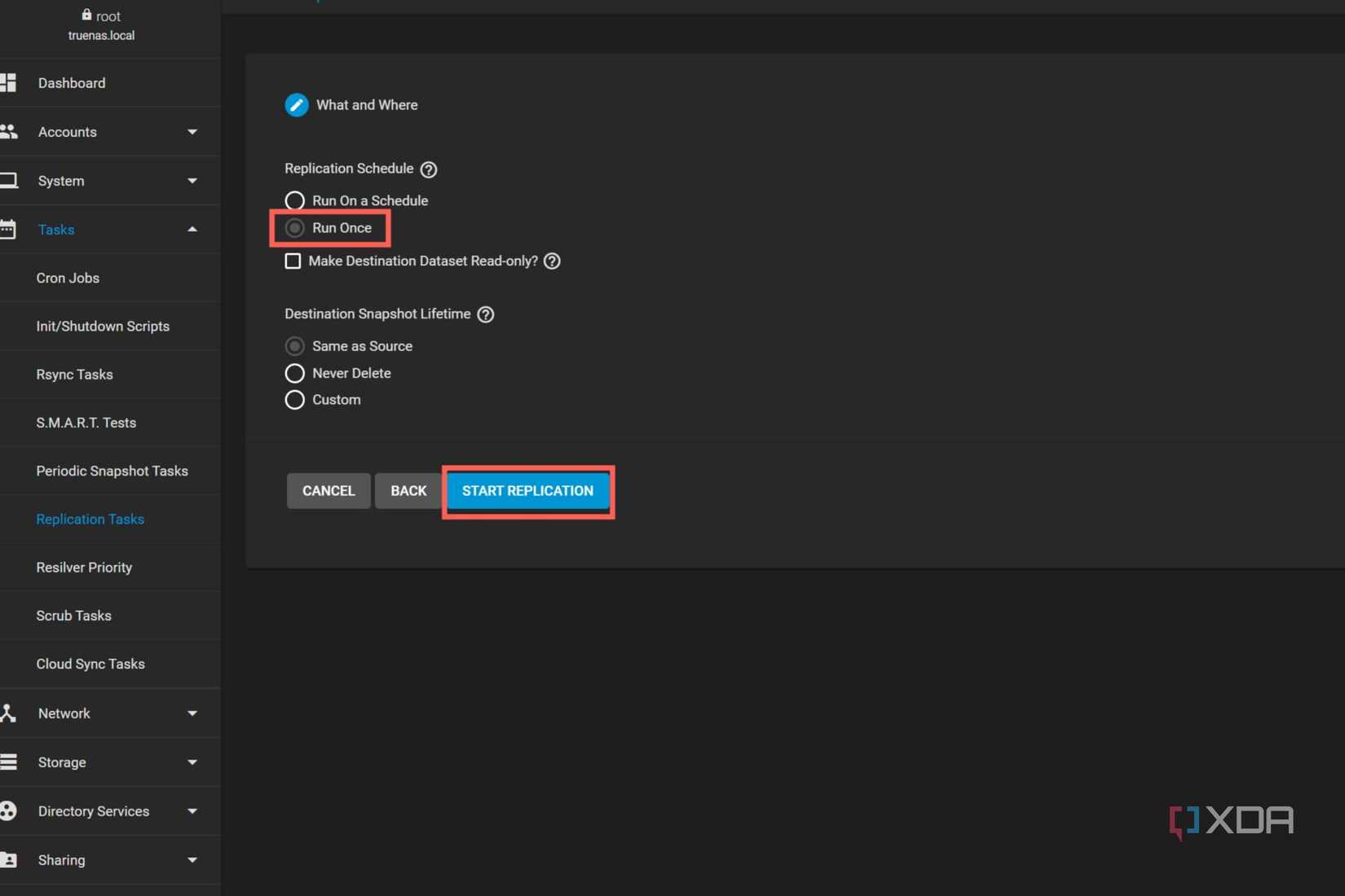 A screenshot of TrueNAS Core highlighting the steps to initiate the drive replication task