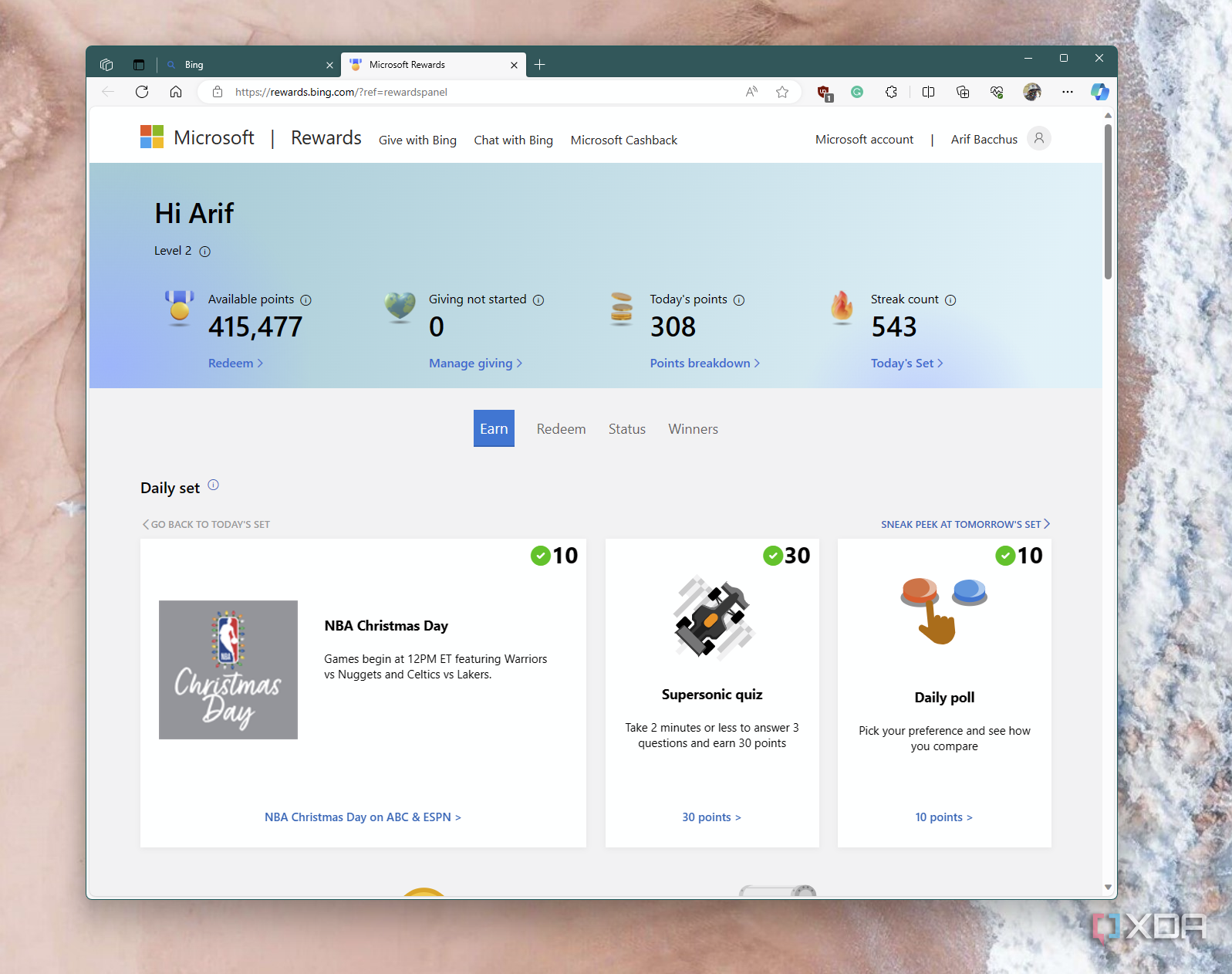 A screenshot of the main Microsoft Rewards dashboard