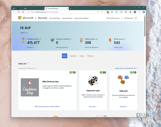 A screenshot of the main Microsoft Rewards dashboard