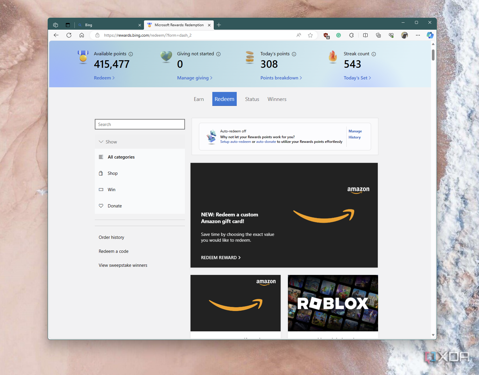 A screenshot of the option to redeem a Amazon gift card through Microsoft Rewards
