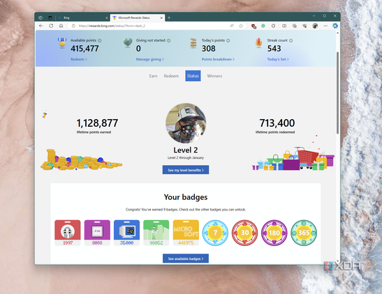 A screenshot of the main Microsoft Rewards dashboard showing a points balance