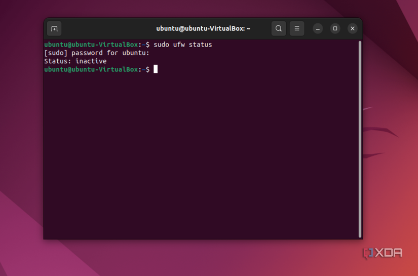A screenshot of the command in the Ubuntu terminal to see the firewall status