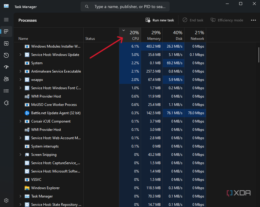Task Manager in Windows 11 showing all processes sorted by CPU usage.