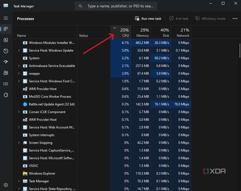 Task Manager in Windows 11 showing all processes sorted by CPU usage.