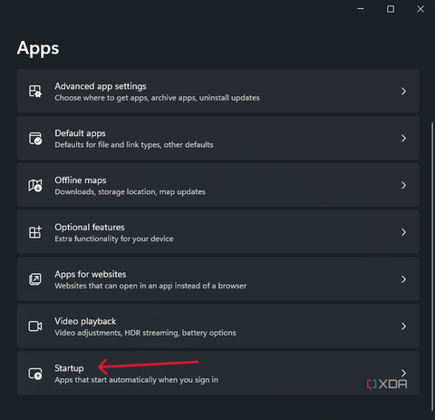 The Settings app in Windows 11 showing the Startup apps option.