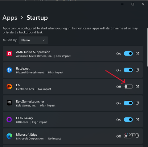 The Startup apps menu in the Windows 11 settings app.