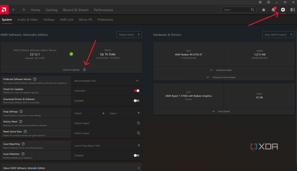 AMD Adrenaline in Windows 11 showing the Check for Updates option.