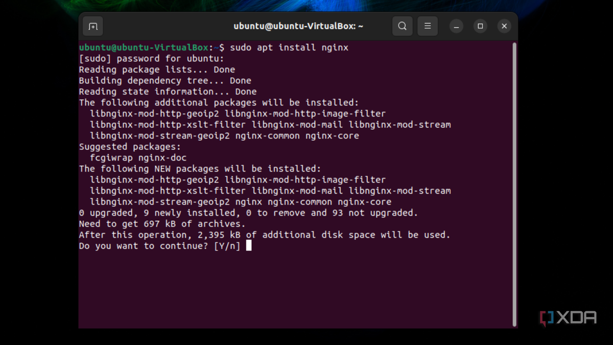 A screenshot of the command to sudo apt install nginx on Ubuntu