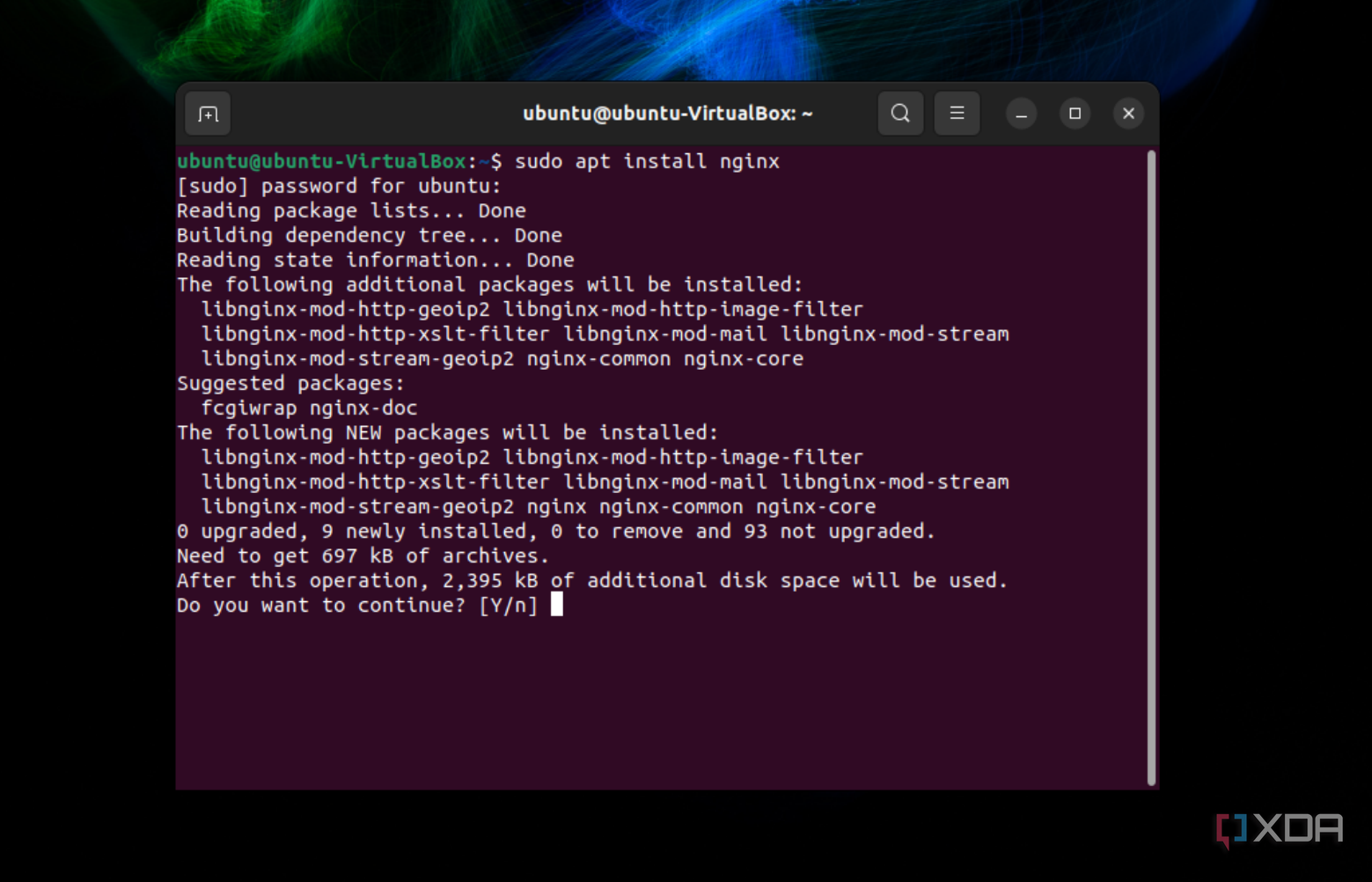 A screenshot of the command to sudo apt install nginx on Ubuntu