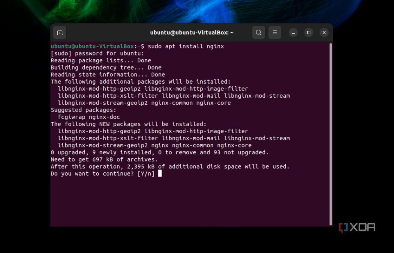 A screenshot of the command to sudo apt install nginx on Ubuntu