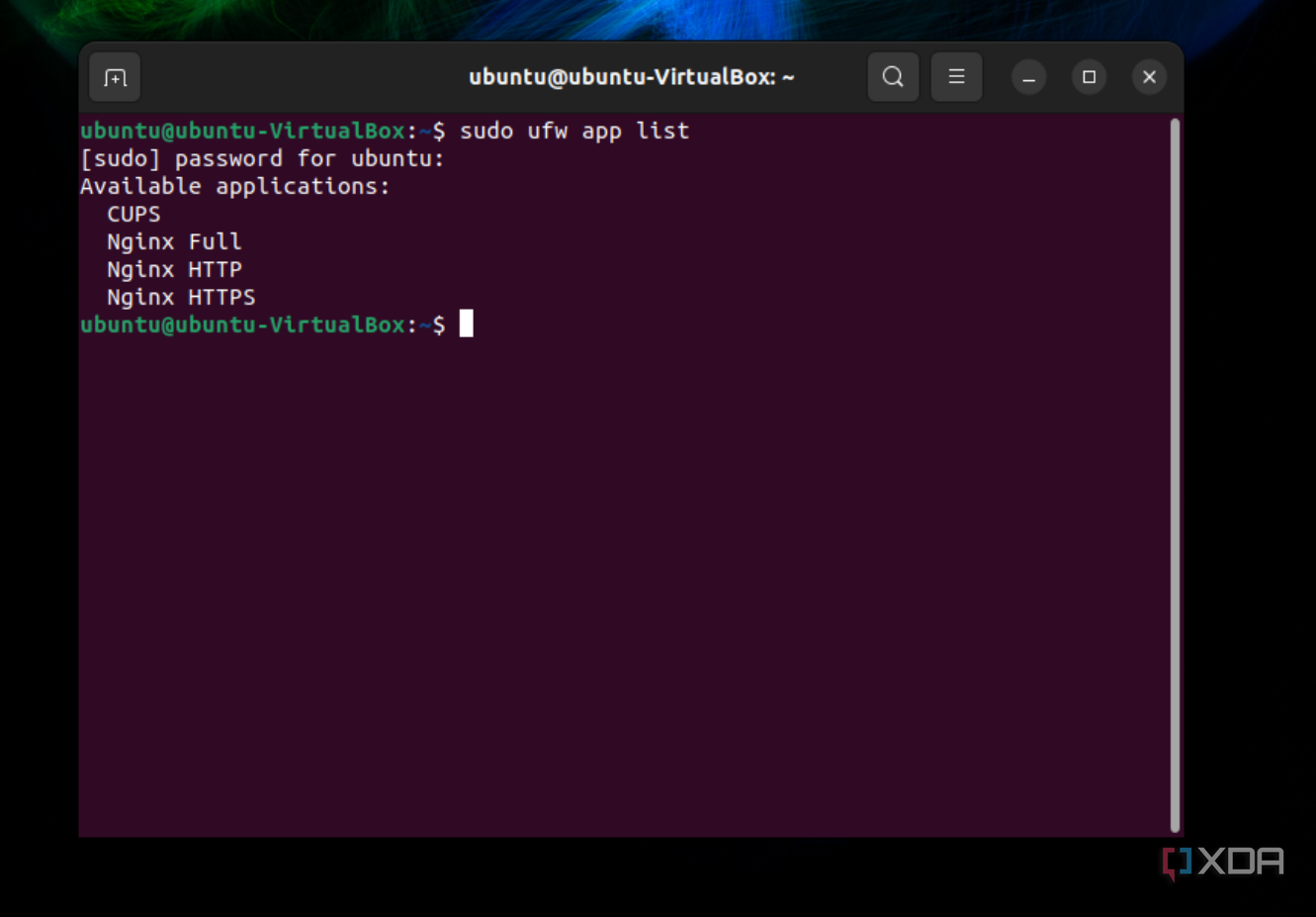 A screenshot of the command for the apps using the Ubuntu firewall as seen in the Ubuntu terminal